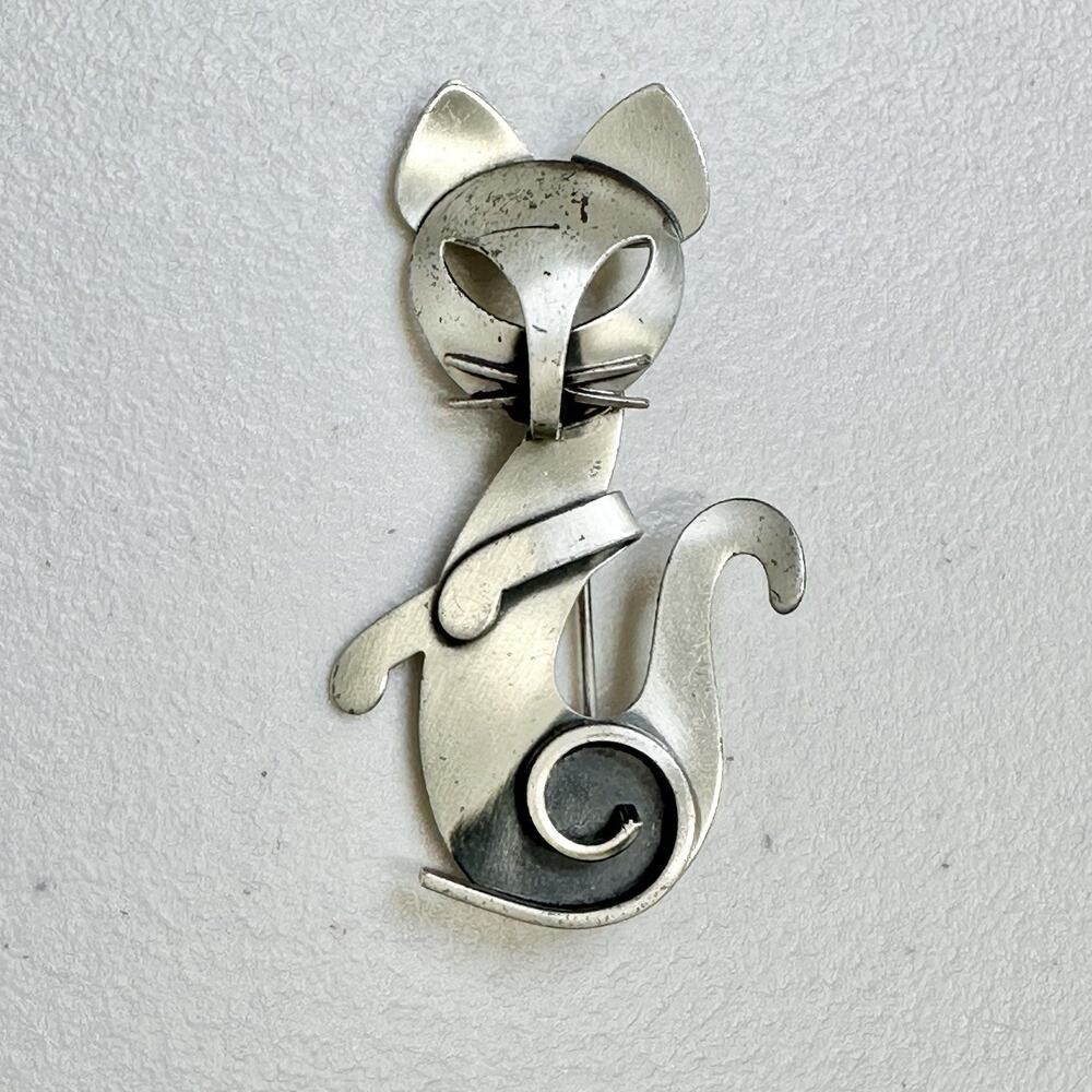 BEAU 925 Sterling Silver Vintage Modernist Cat Pin Brooch